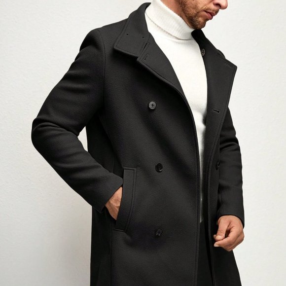 Black Preppy Mens Double Breasted Slant Pocket Overcoat - Picture 2 of 5